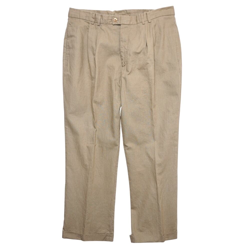 Men's‎ Linen Blend Dress Pants Khaki Tan Pleated Cuffed Trousers Size 33